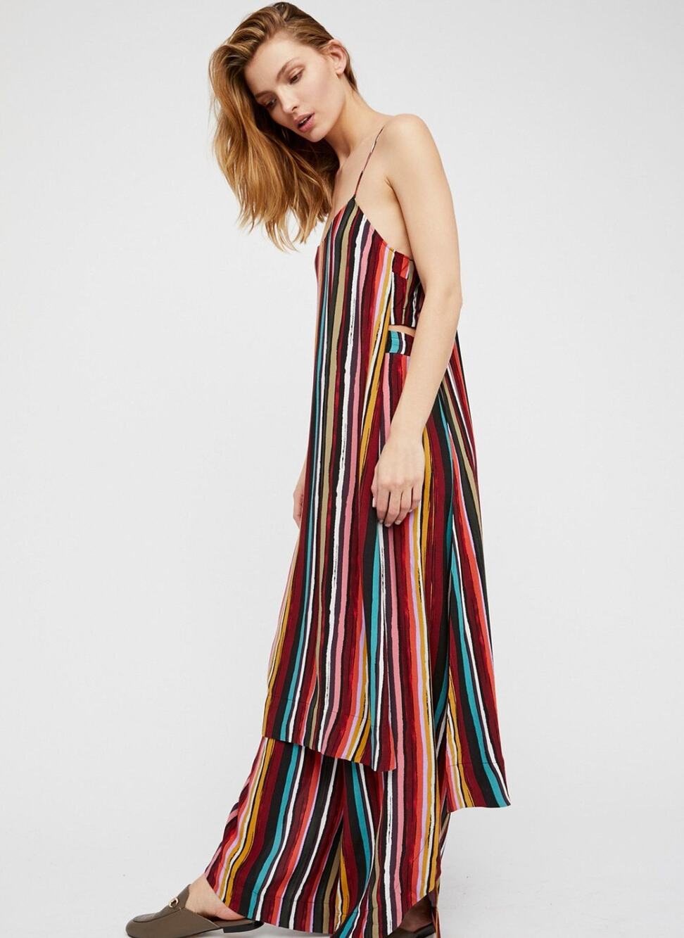 Free People 2PC Ruby Rainbow Striped Slit Tunic Top Pants Set Size Small